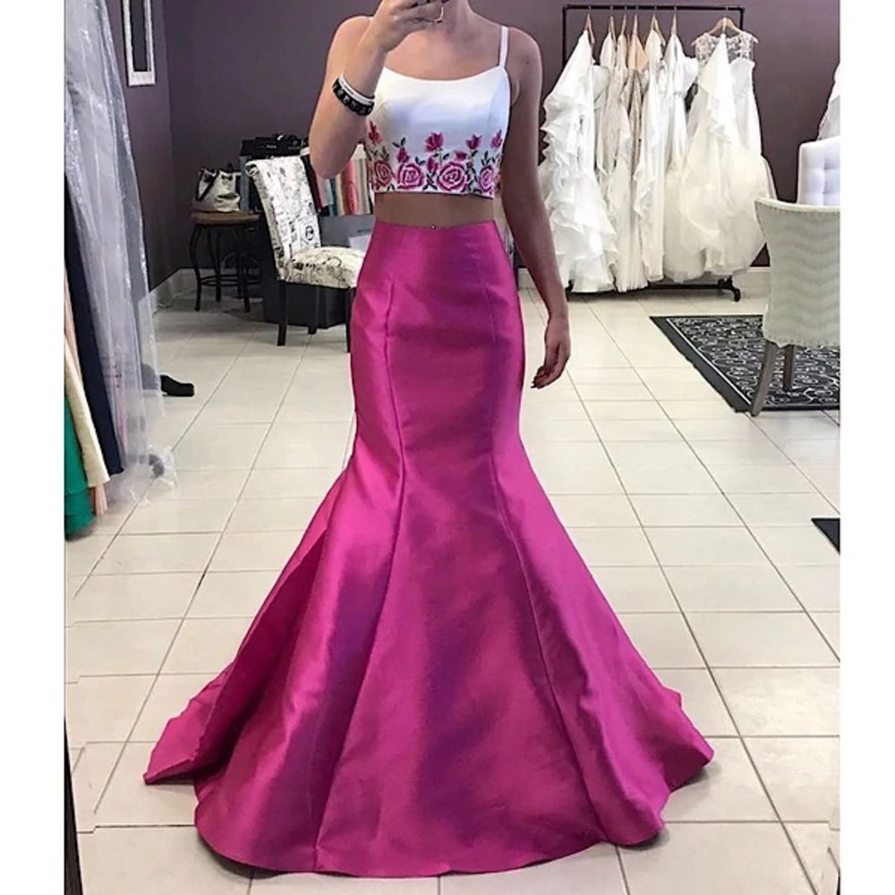 Fuchsia Two-piece Satin Spaghetti Straps Embroidered Dress